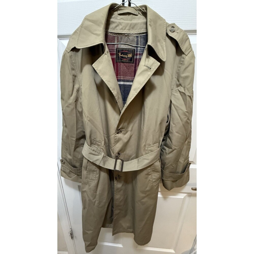 Botany 500 Mens 40 Short Tan Trench Coat Removable Plaid Liner Timeless USA Made